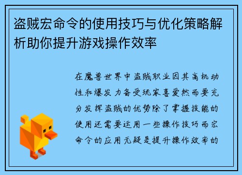 盗贼宏命令的使用技巧与优化策略解析助你提升游戏操作效率