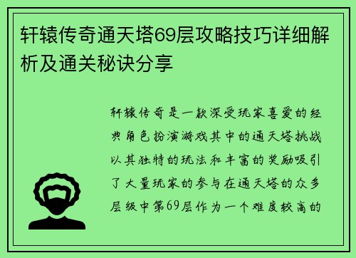 轩辕传奇通天塔69层攻略技巧详细解析及通关秘诀分享